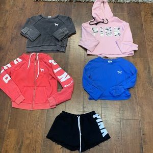 lot of pink sweatshirts, long sleeve tee, shorts